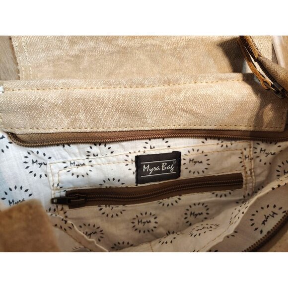 Myra Bag, Cowhide Gray Fur Hair Shoulder Bag Purse Tan Canvas Paisley, Zip Close - Picture 6 of 6